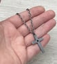 Oxidised sterling silver hammered cross gold set black sapphire chain necklace - Image 5