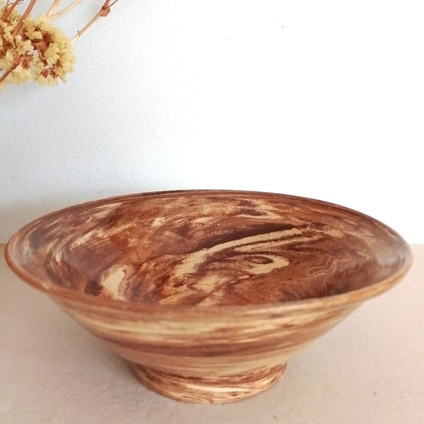 Pottery hand made Agateware bowl, Terracotta and white Agateware bowl