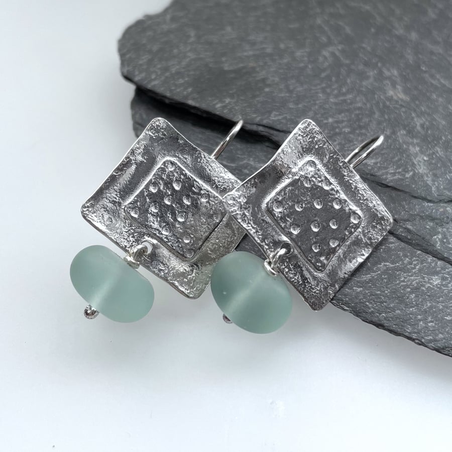 Sterling silver square earrings with frosted aqua glass beads