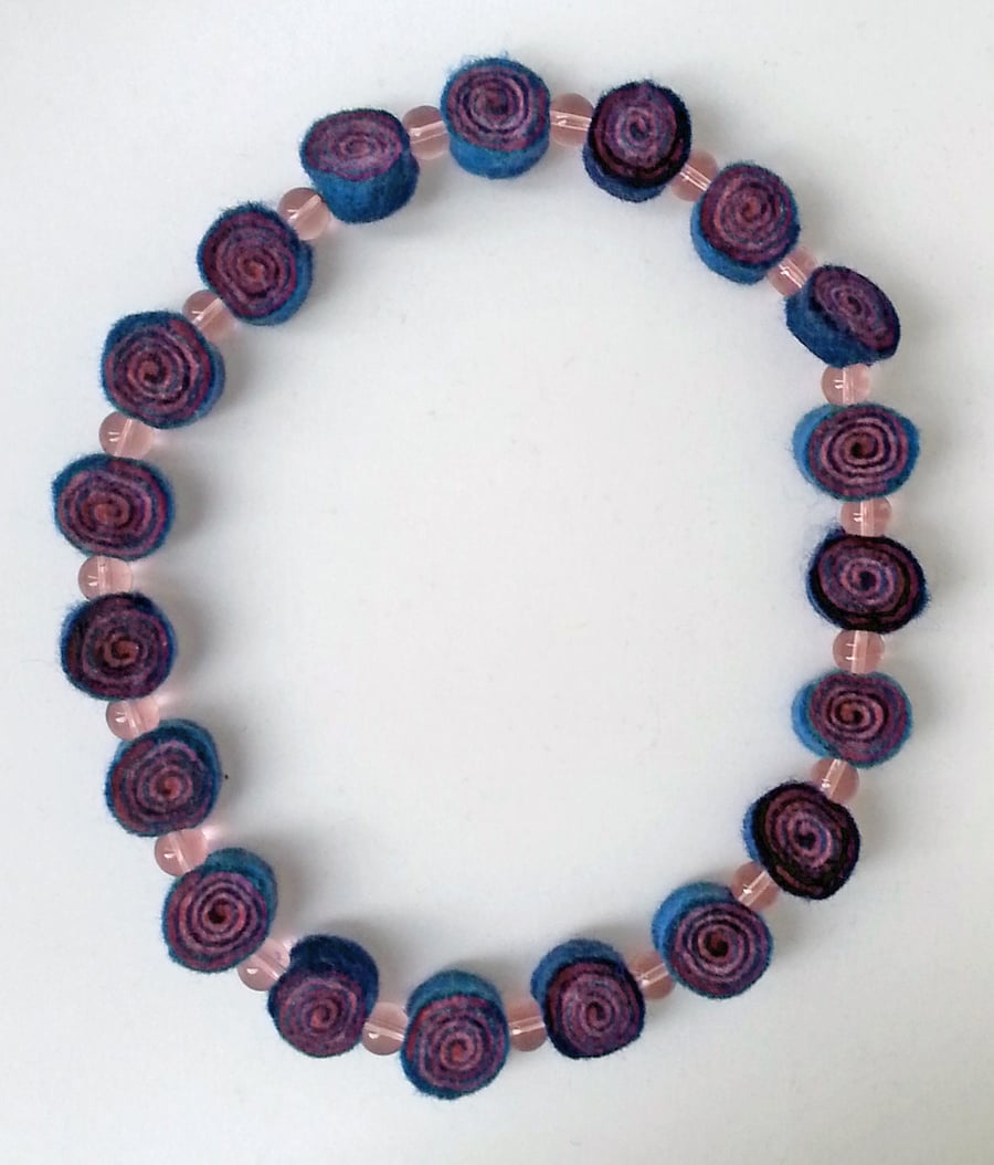 Short Blue & Pink Spiral Patterned Felt Necklace