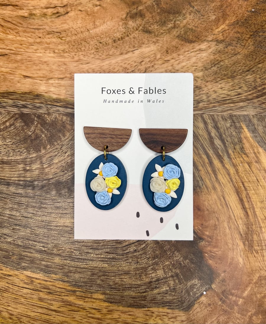 Blue and Yellow Floral Bouquet Statement Earrings