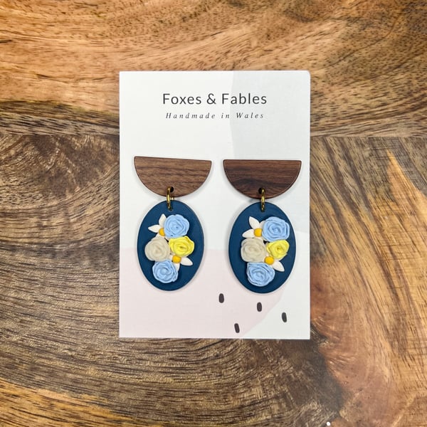 Blue and Yellow Floral Bouquet Statement Earrings