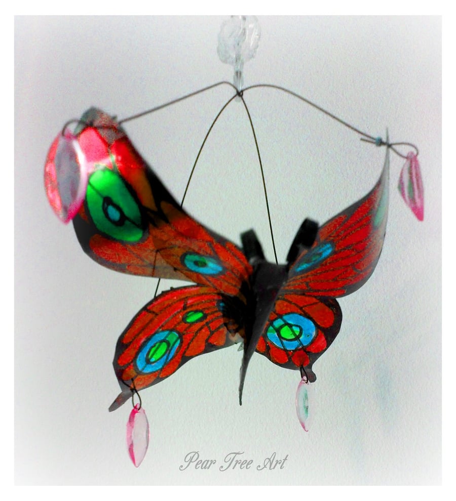 Handmade Red Metal Butterfly, Hanging Decoration. Made from a Coffee Tin.