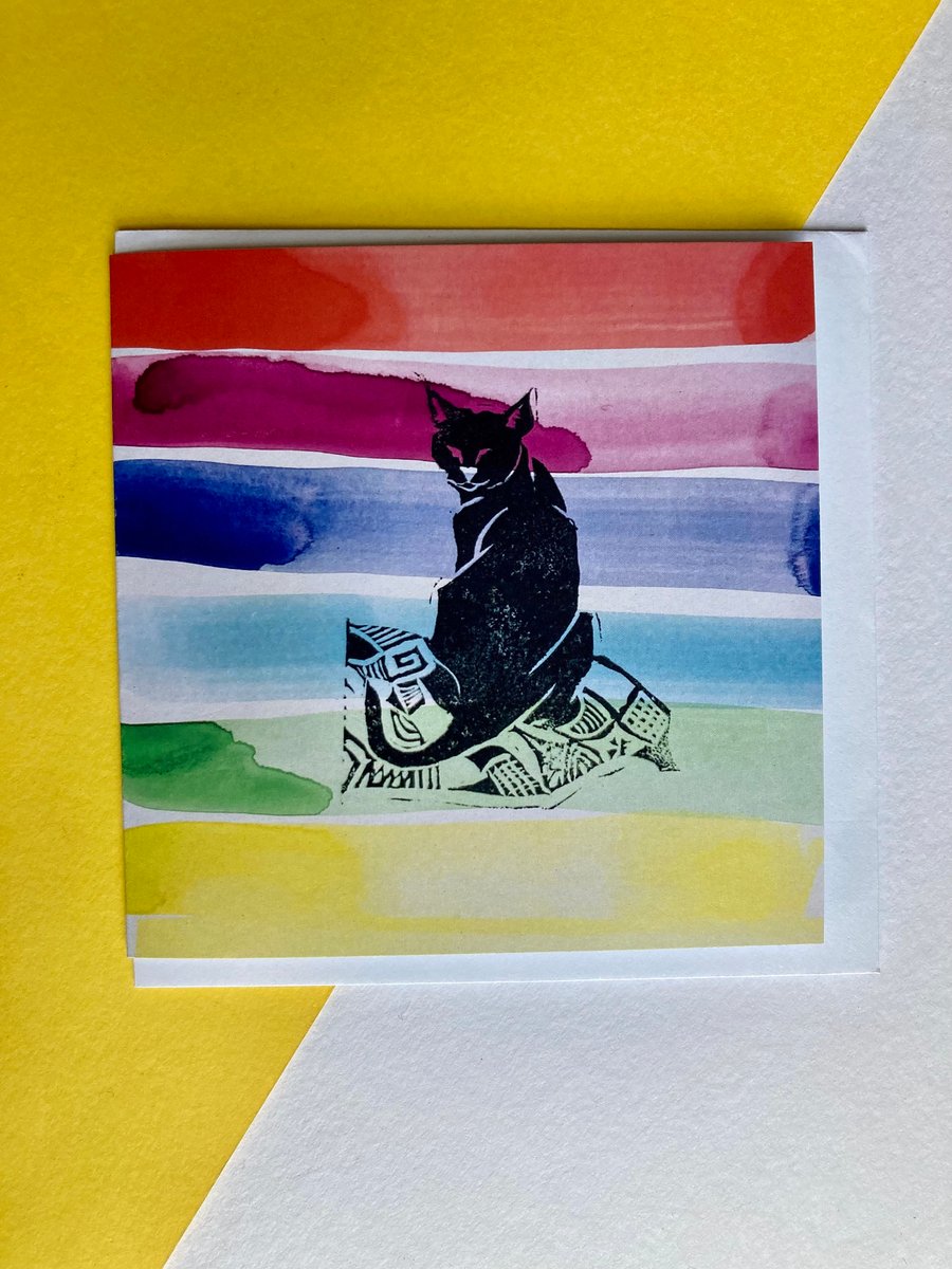 Card - Linocut Design - Rainbow Patchwork Cat