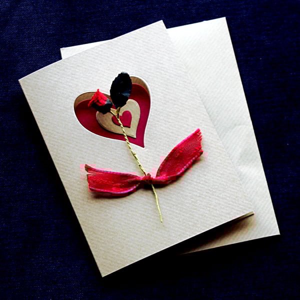 Red Flower Heart Handcrafted Valentines or Anniversary Card - dr16-0023