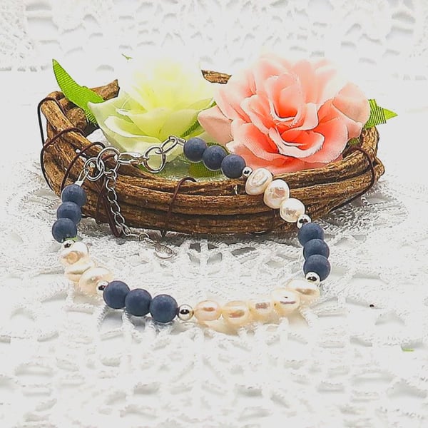 Sterling Silver Genuine Sponge Coral and Freshwater Pearl Bracelet. Free UK P&P
