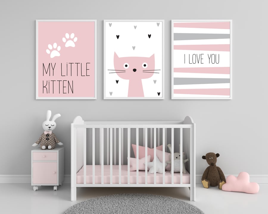 Kitten pink and grey nursery print, pink and grey nursery decor, nursery art