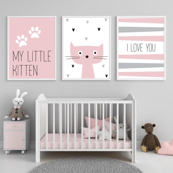 Kitten pink and grey nursery print, pink and grey nursery decor, nursery art