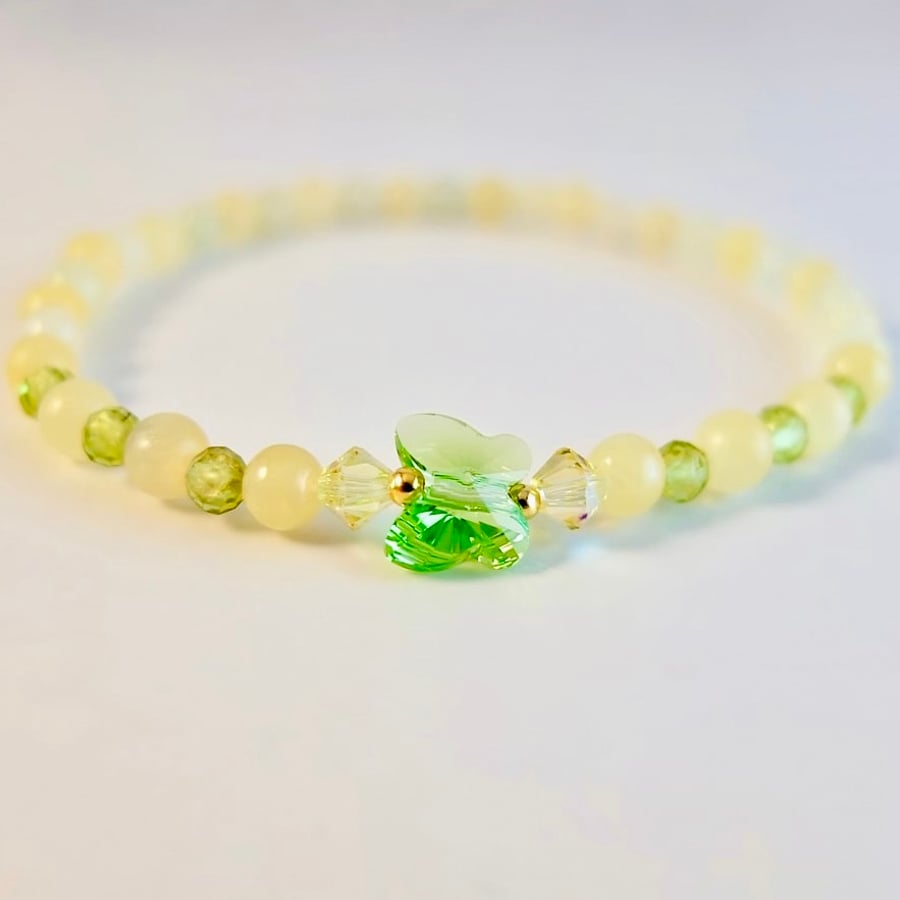 Peridot, Ambronite & New Jade Bracelet,  Swarovski Butterfly - Handmade In Devon