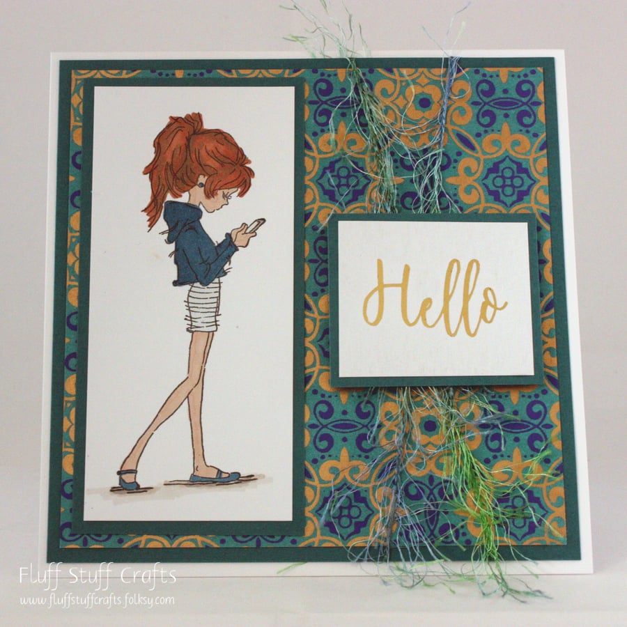 Handmade any occasion card - girl with phone -  Hello