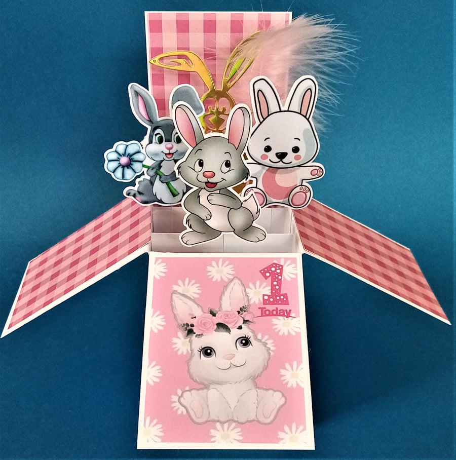Girls 1st Birthday Card with cute rabbits