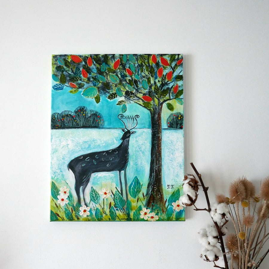 Deer Painting, Spring Landscape in the Countryside, Cottage Style Decor