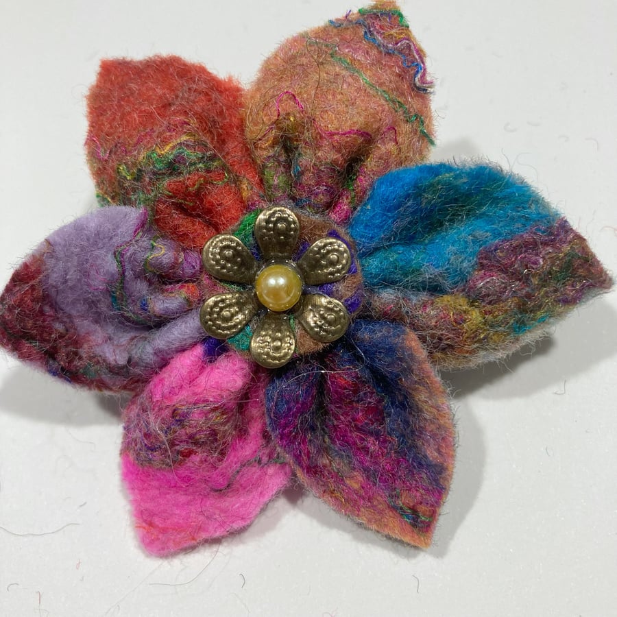 Multicoloured felt flower brooch with pearl centre (bright colours)