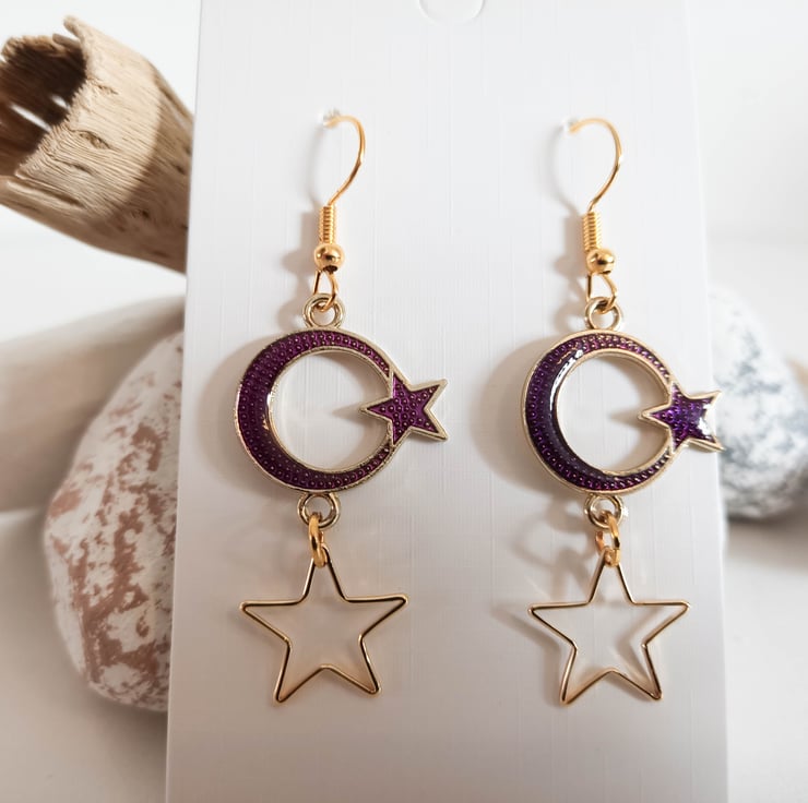 Gold and Purple Moon and Star Dangle Earrings - Folksy