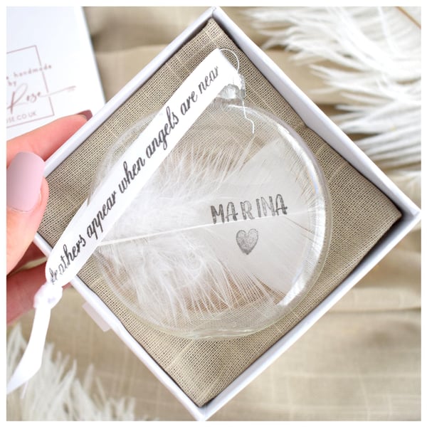Feather Memorial Bauble Gift Boxed. Personalised Feather Glass Christmas Bauble 