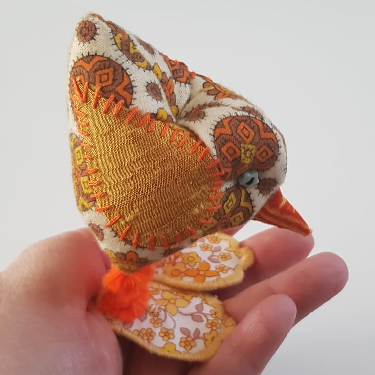 Orange Floral Freestanding Fabric Bird Ornament - Retro Textile Decor