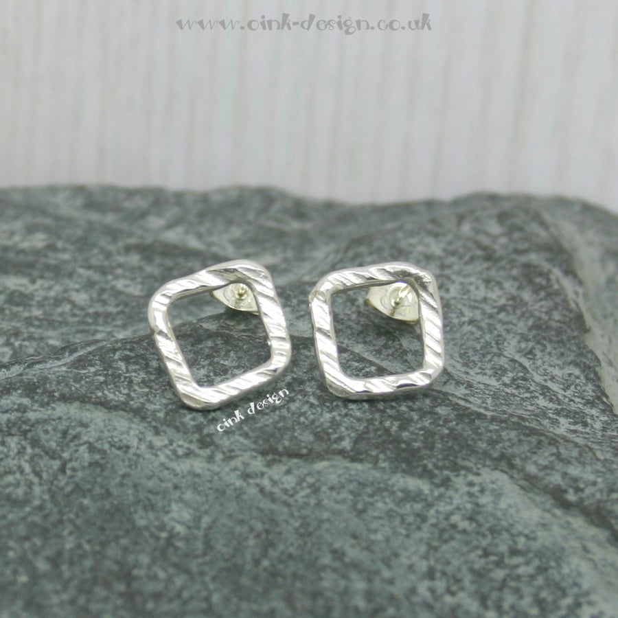 Sterling silver textured diamond shape stud earrings