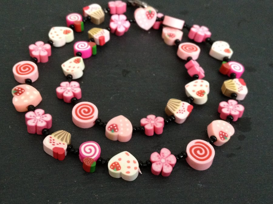 Pink Sugar and Spice Kitsch Polymer Clay Necklace