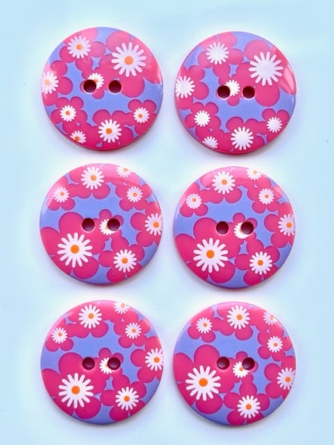 6 Flower Design Buttons, Flowers on Pink, Large 23mm Wide, Buy One Get One Free