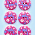 6 Flower Design Buttons, Flowers on Pink, Large 23mm Wide, Buy One Get One Free