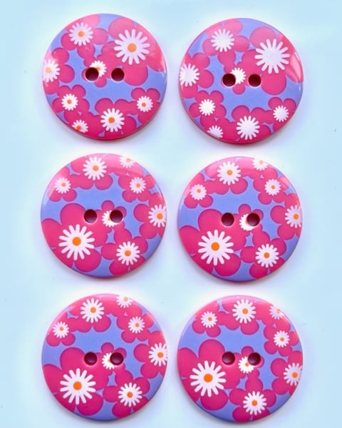 6 Flower Design Buttons, Flowers on Pink, Large 23mm Wide, Buy One Get One Free