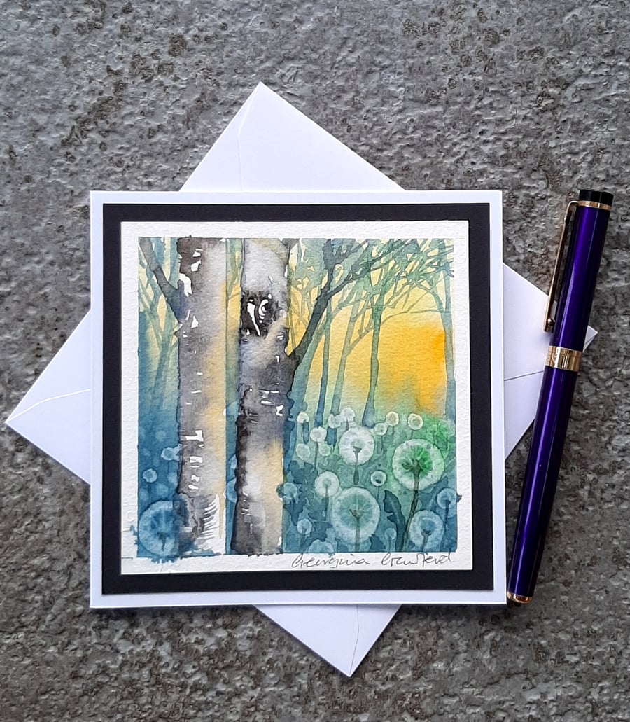 Handpainted Blank Card. Birch Trees and Dandelions. Letterbox Gift. Keepsake