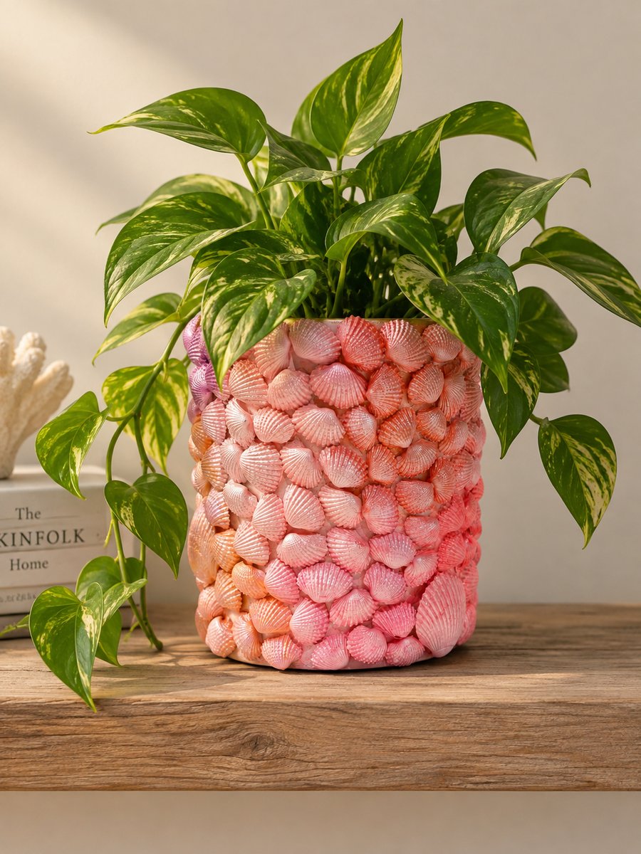 Image of Large Pink & Coral Seashell Planter with Inbuilt Drainage – Coastal Décor