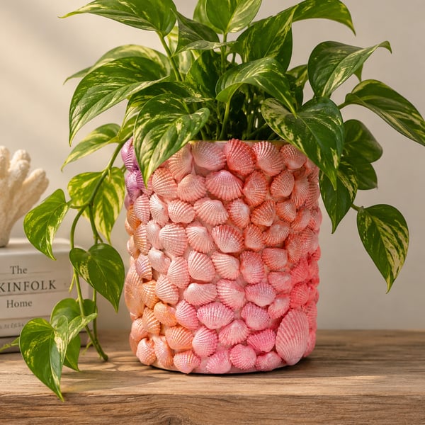 Large Pink & Coral Seashell Planter with Inbuilt Drainage – Coastal Décor