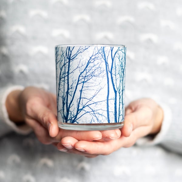 Winter Tree Branches Cyanotype candle holder 