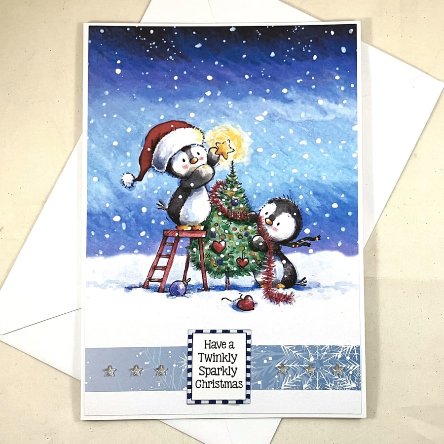 Large Christmas card - penguins decorating tree