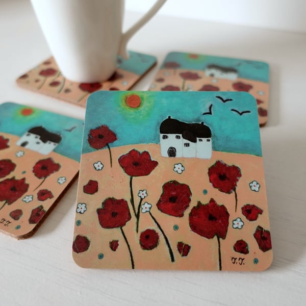 Poppy Coasters Cottage Countryside Painting Floral Art Print 