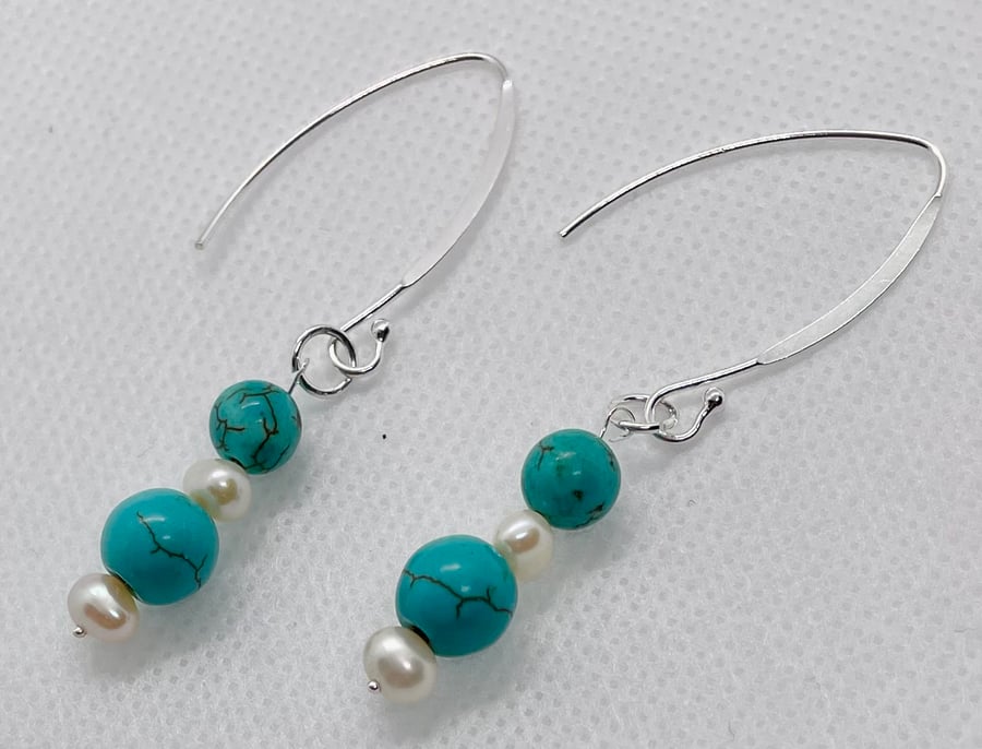 Real Turquoise and Fresh Water Pearls Earrings 