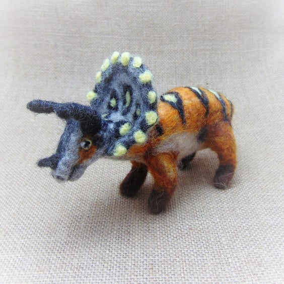 Needle Felted Triceratops, Dinosaur Figurine, Soft Ornament