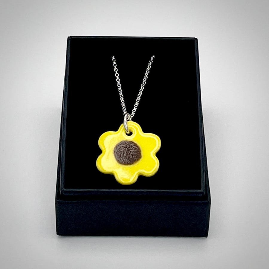 NEW! Porcelain sunflower yellow necklace on sterling silver
