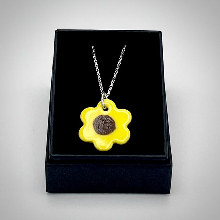 NEW! Porcelain sunflower yellow necklace on sterling silver