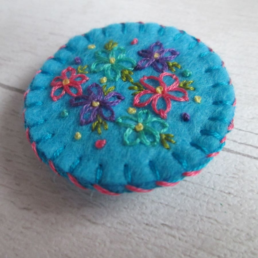Hand Embroidered Floral Brooch on Turquoise Wool Felt