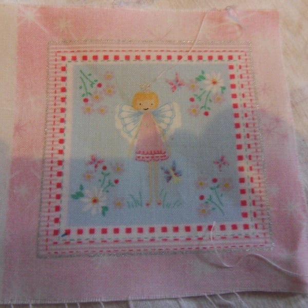 100% cotton fabric squares. Pink fairy with white wings. (49)