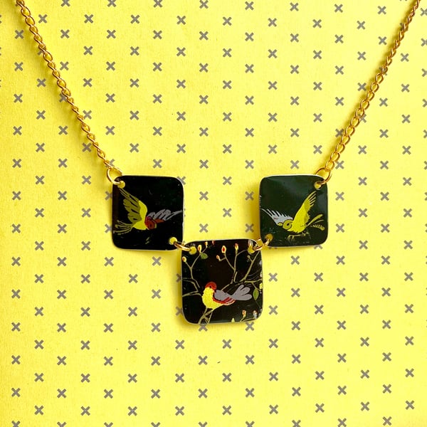 Vintage tin triple square black oriental bird design necklace