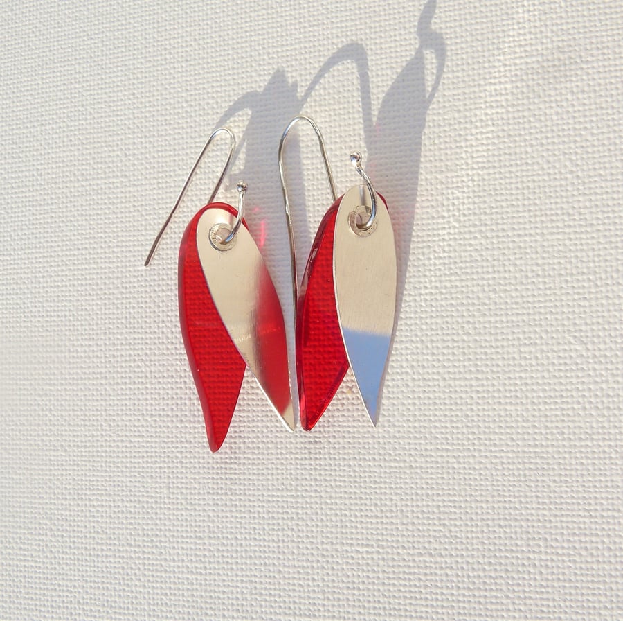 Red and silver lotus flower earrings