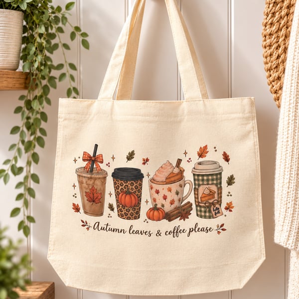 Autumn Leaves & Coffee Please Tote Bag – Autumn Coffee Lover Bag with Zip