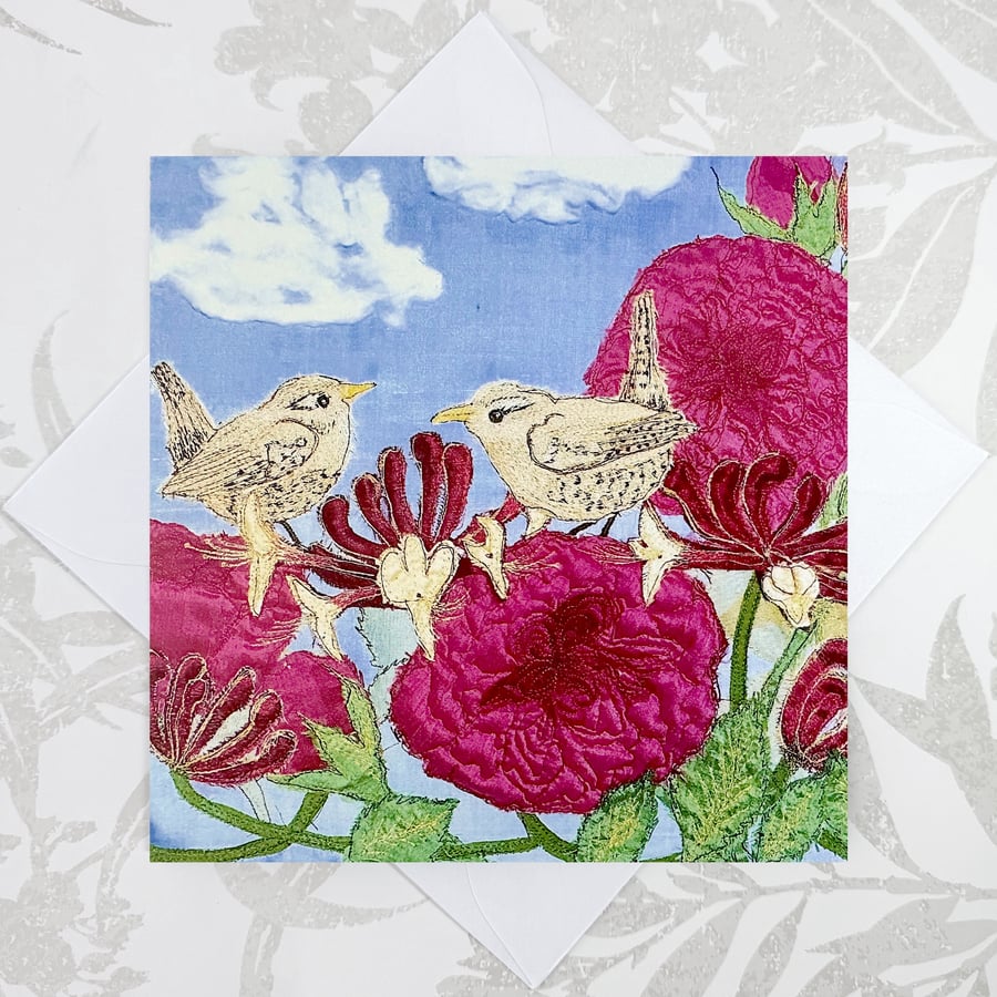 Rose birthday card - roses and wrens 