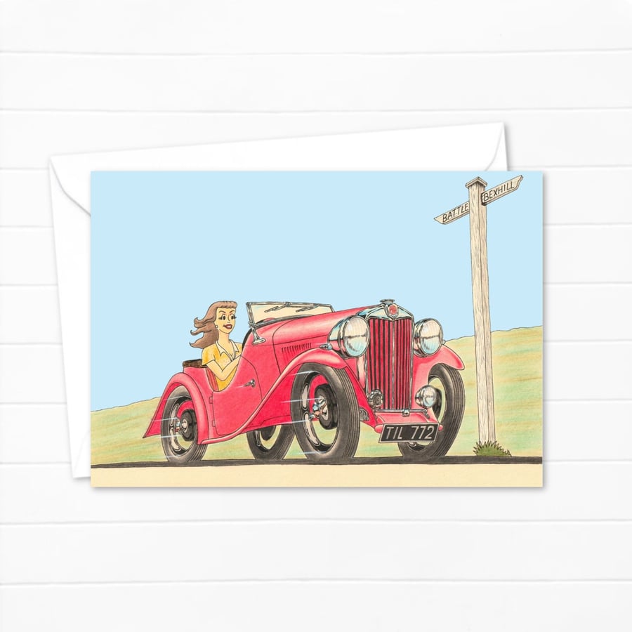 Sports Car Greetings Card: Pencil Illustration of a Classic British Design (322)