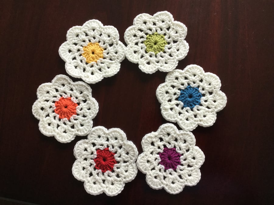 Crochet Flower Coasters in Cream with Rainbow Centres