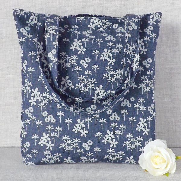 Tote bag, shopping bag, floral denim