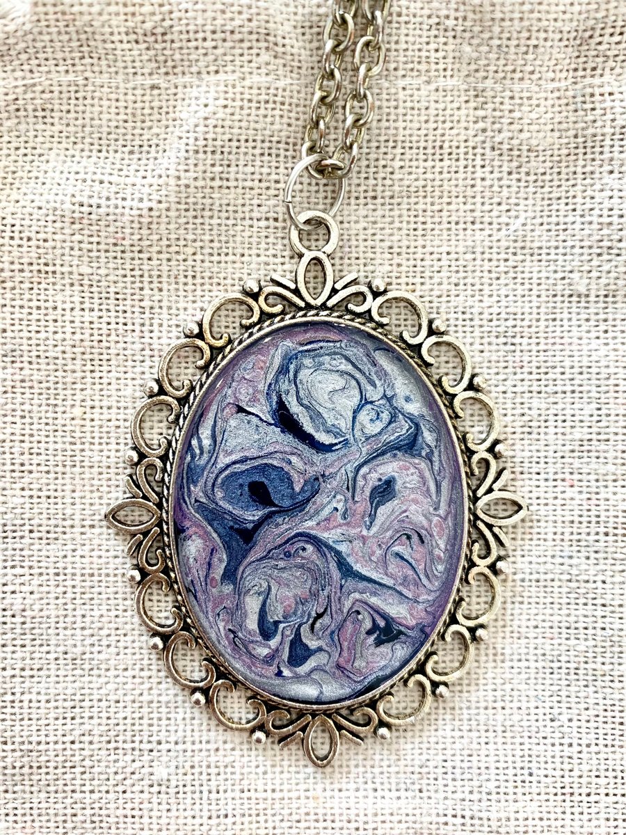 Large Blue and Silver Resin Pendant on Long Chain