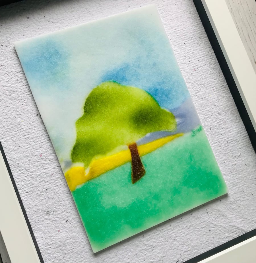 Tree amongst the buttercups, fused glass, framed art