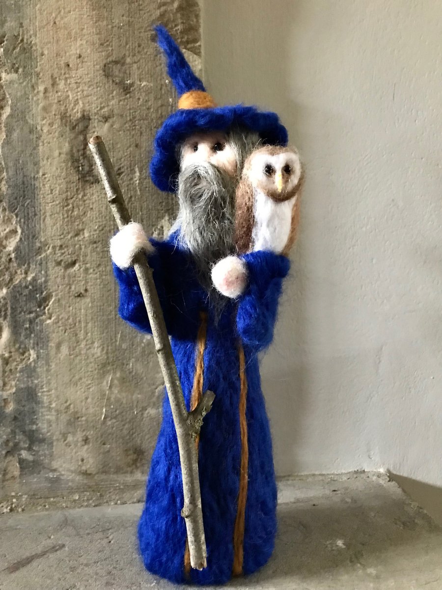 Wizard and owl-needle felted-fantasy figure-soft sculpture 