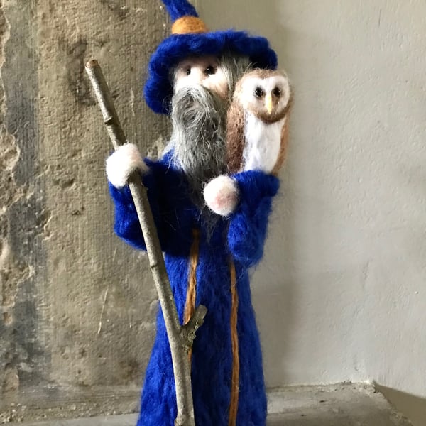 Wizard and owl-needle felted-fantasy figure-soft sculpture 