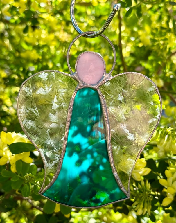 Stained Glass Bell Angel Decoration - Teal sea-mist body with clear frost wings