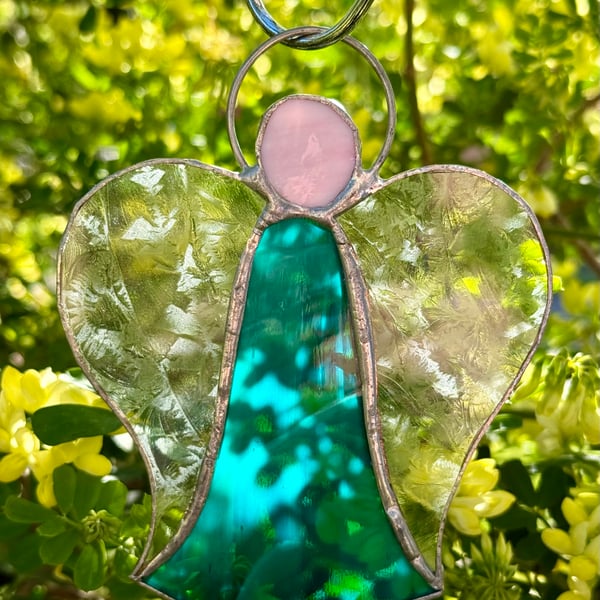 Stained Glass Bell Angel Decoration - Teal sea-mist body with clear frost wings
